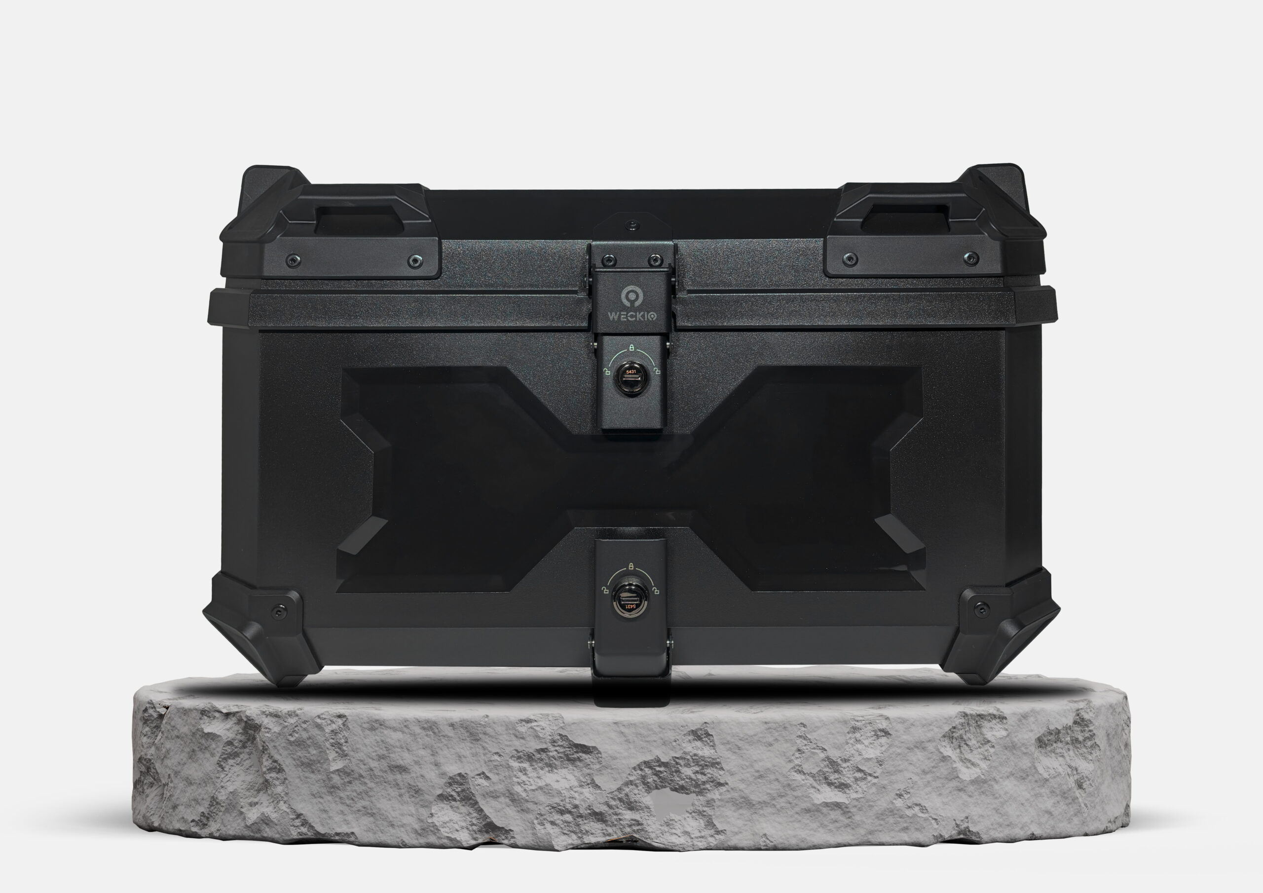 Top box Weckio X-Twin 58L de face sur socle